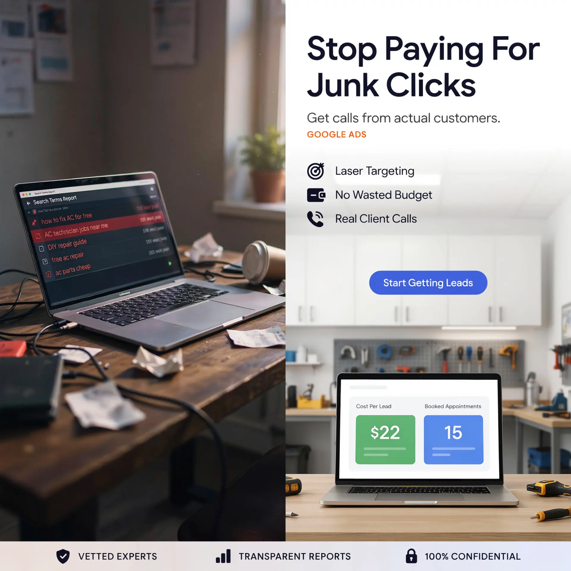 Stop paying for junk clicks split screen creative